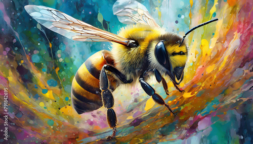 A colorful painting of a bee with its wings spread out photo