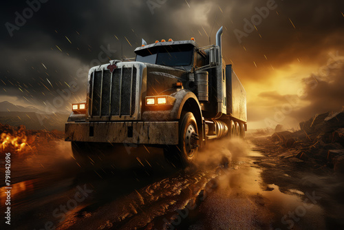 A big semi truck is seen driving through a vast desert landscape under a clear blue sky