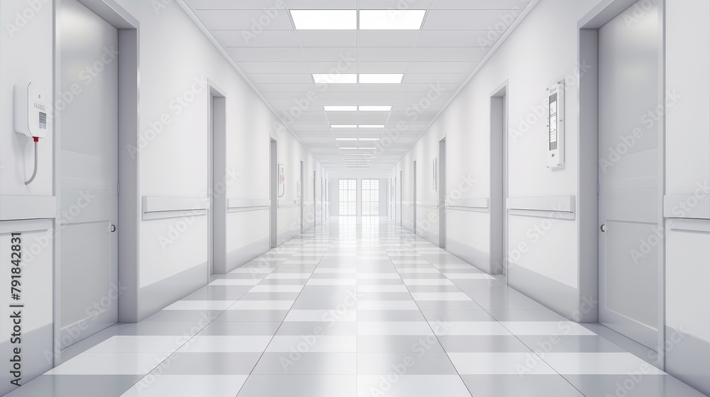 The hallway is white and empty, there are large windows by the sides and doors on the ceiling. The ward is a modern room with modern medical facilities and a light room with lamps on the ceiling, The hallway is white and empty, there are large windows by the sides and doors on the ceiling. The ward is a modern room with modern medical facilities and a light room with lamps on the ceiling,