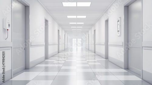 The hallway is white and empty, there are large windows by the sides and doors on the ceiling. The ward is a modern room with modern medical facilities and a light room with lamps on the ceiling,