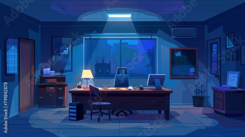 In a police department office at night, there is an empty dark room with a desk, a laptop, a lamp, and a window to an interrogation room. This is a modern cartoon illustration shows a police photo