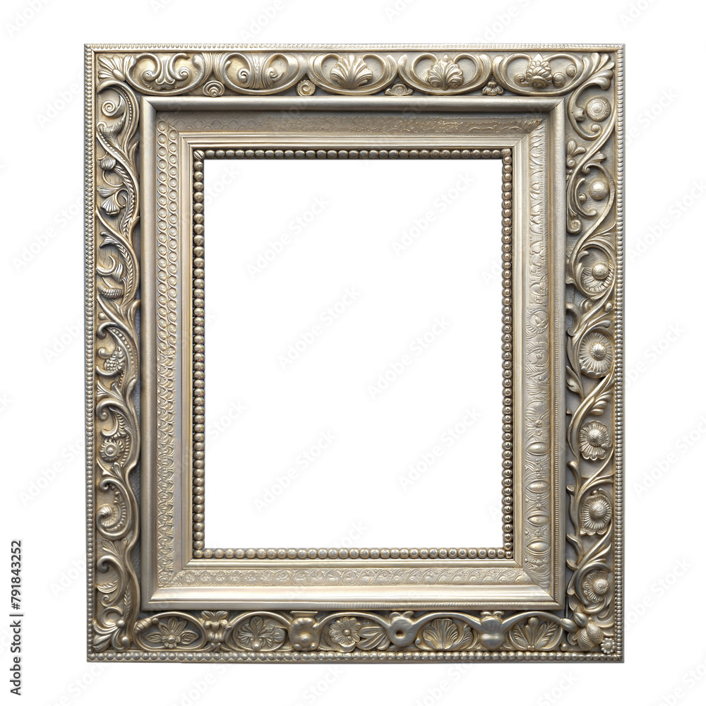 Ornate silver frame with intricate floral and vine designs Ornate silver frame with intricate floral and vine designs