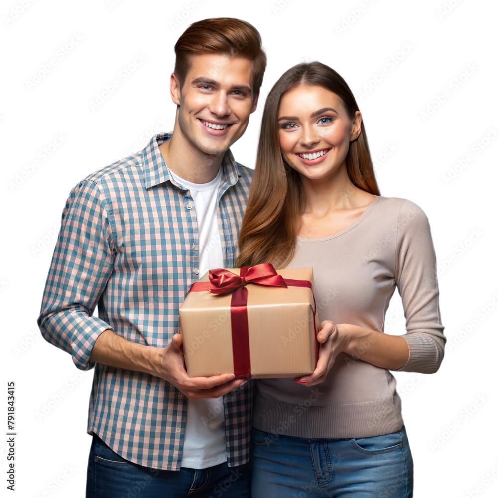Young couple smiling and holding a gift box together Young couple smiling and holding a gift box together