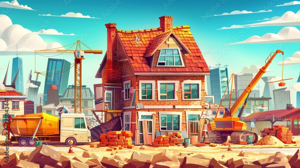Cartoon modern illustration of house construction site against cityscape background. Suburb development. Brick building, pile of bricks, workers cottage, concrete mixer, crane, and food truck.