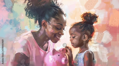 african american mother and daughter saving money cute girl putting coin in piggy bank digital painting photo