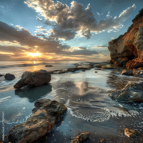 Sunset Over Rugged Coastal Landscape With Dramatic Clouds