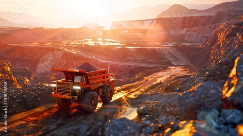 Vibrant Sunset at Mining Site with Large Haul Truck in Action. Capturing Industrial Progress in a Natural Setting. Stock Image for Commercial Use. AI © Irina Ukrainets
