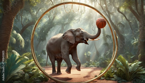 An elephant throws the ball at the basket. This is a 3d render illustration, 4k wallpaper design photo