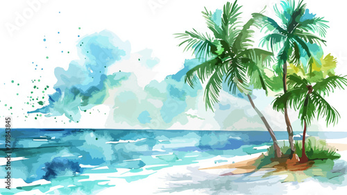 Beach Palm Trees Caribbean Island Travel Vacation Colorful Watercolors Vector