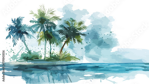 Beach Palm Trees Caribbean Island Ocean Seascape Vacation Colorful Watercolors photo