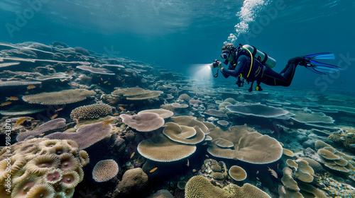 Fototapeta Naklejka Na Ścianę i Meble -  Scuba diver in the water, observing coral reefs that have seen profound changes due to global warming. Underwater view of vibrant corals