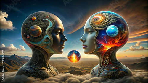 Two surreal heads are depicted facing each other against a backdrop of clouds and mountainous terrain, with space and celestial bodies occupying their cranial cavities.AI generated. photo