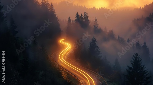 car headlights on winding road through misty pine forest at sunset long exposure photography photo