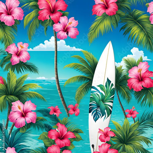 surfboard adorned with clipart tropical designs hibiscus flowers interspersed with palm trees
