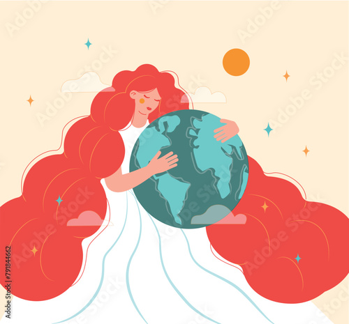 Girl with long red hair hugs the planet Earth vector illustration. Earth day concept. Background with sun and stars.
