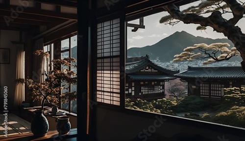 View of a Japanese garden through the door of an old Japanese house. Chinese room. Japanese room. View from the window. A room with a large window.