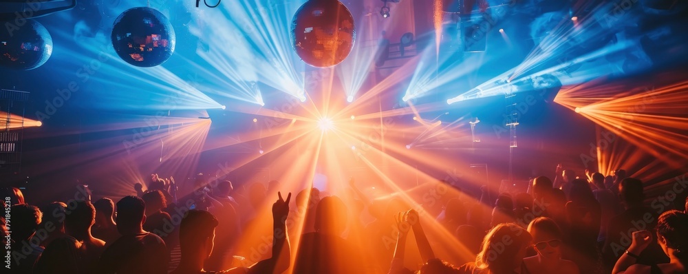 The photo shows a party in a night club with blue and orange lights.