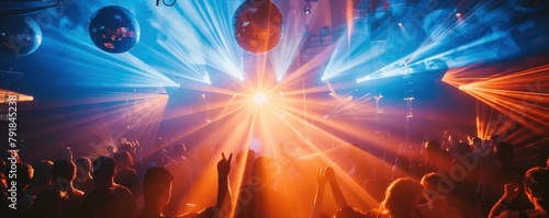 The photo shows a party in a night club with blue and orange lights.