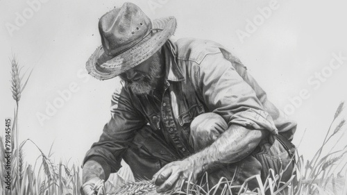 Farmhands Strength on Display Monochrome Pencil Drawing of Wheat Field Harvesting photo
