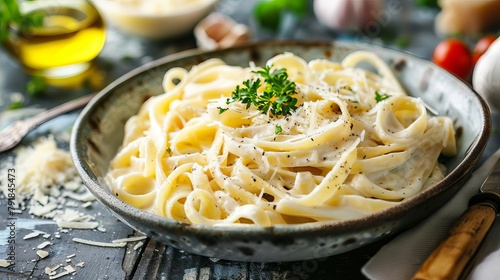 creamy fettuccine alfredo pasta with parmesan cheese italian food
