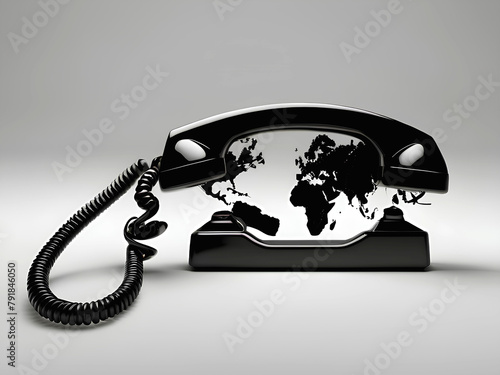 a black rotary telephone with a world map printed on its body. AI  photo