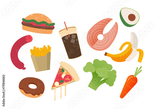 Healthy and fast food website banner concept. Burger, french fries, doughnut, sausage, pizza, soda, salmon, broccoli, carrot, banana, avocado. Modern vector flat illustration. Social media ads.