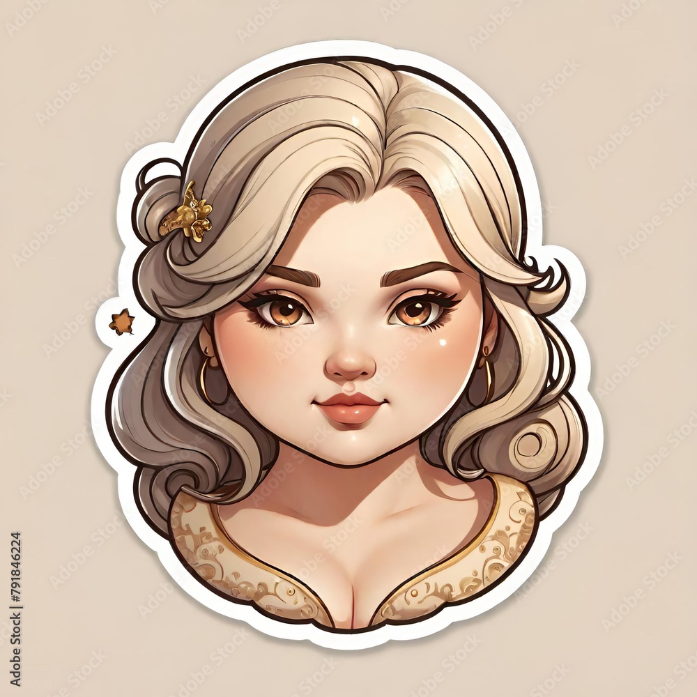 Elegant Woman with Curled Hair and Blurred Face Sticker Art Illustration in Dress Elegant Woman with Curled Hair and Blurred Face Sticker Art Illustration in Dress