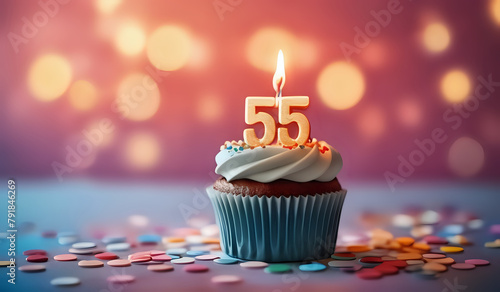 Birthday cupcake with burning lit candle with number 55. Number fiftyfive for fifty years or fifty-fifth anniversary. photo