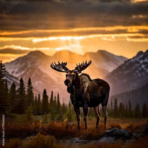 Majestic deer at sunset in the mountains. Beautiful wild moose with big horns. © Maniockus