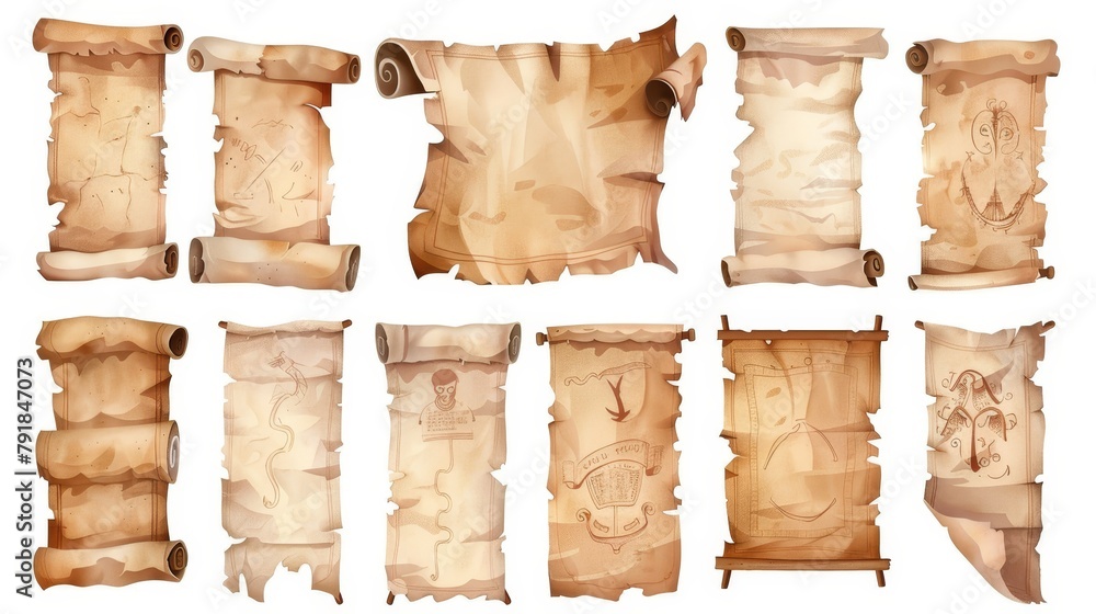 The comic set of old parchment scrolls is isolated on a white ...