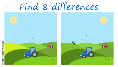 Find 8 differences. Rural landscape with three tractors plowing the fields.