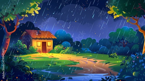 Animated modern cartoon illustration of nighttime rainy landscape with forest and village house. Nature scene featuring countryside cottage, garden with trees and bushes, sandy road and puddle under © Mark