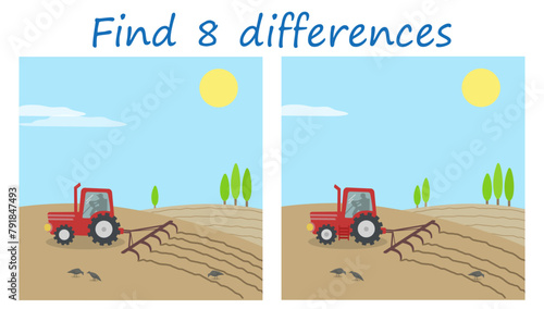 Logic puzzle game. Find 8 differences. Rural landscape with tractor plowing the fields. Vector illustration for children's development.