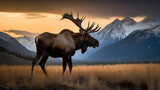Majestic deer at sunset in the mountains. Beautiful wild moose.
