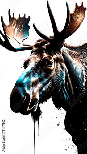 Illustration of a majestic moose. Drawing of a colorful moose with horns.