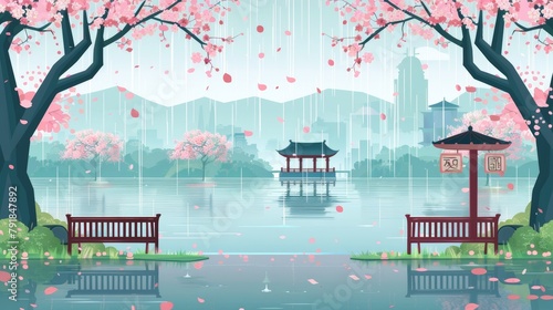 Park or garden with chinese cherry trees on the bank of the river in rainy weather. Japanese Sakura trees, lakes, benches in a rainy spring landscape. Modern cartoon illustration. photo