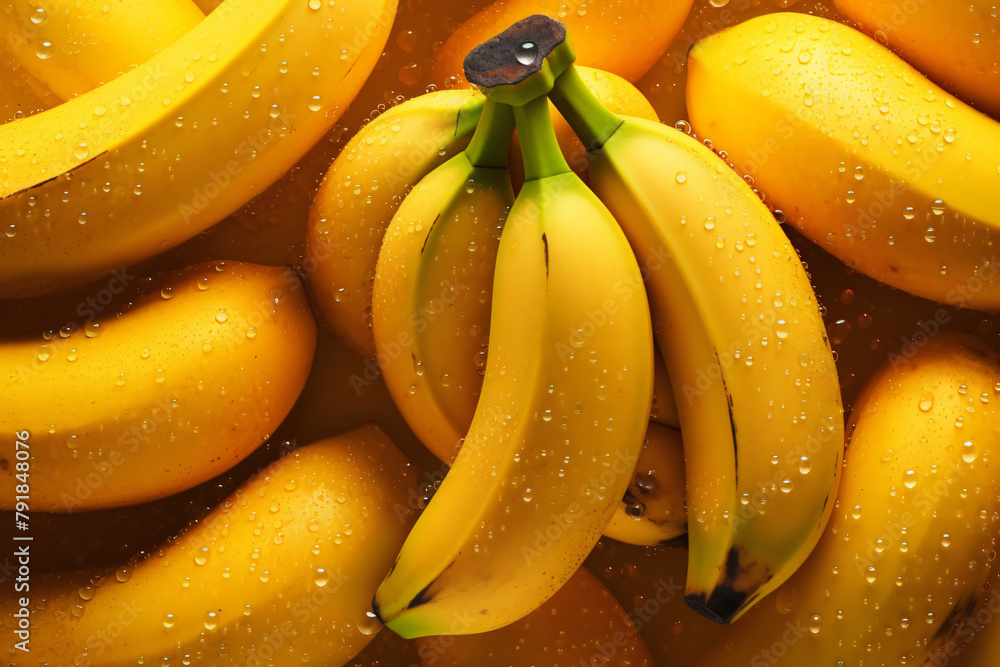 Fresh Banana captures the vibrant, natural beauty of the Bananas, highlighting their small round shapes and glistening droplets of water