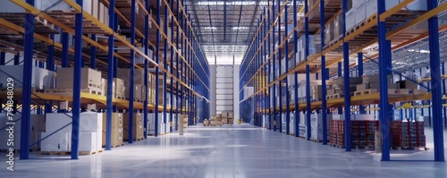A large warehouse with high metal shelves filled with boxes and pallets containing goods