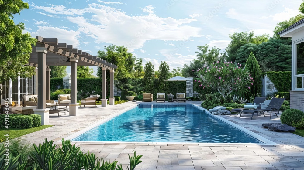 luxurious backyard oasis with pool pergola and outdoor furniture idyllic summer retreat 3d illustration