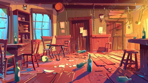 The mess left behind by a criminal fight in a wild west saloon has broken furniture on the floor, stains on the walls, overturned tables, and a damaged door. Modern illustration of the wild west photo