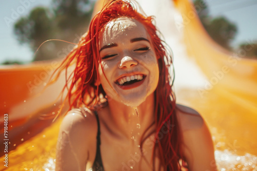 A happy young woman with wet red hair riding on the yellow water slide in the waterpark. Summer water activities.