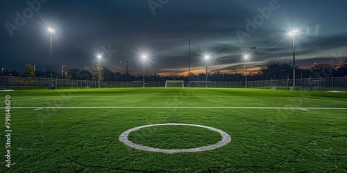 A photo of an empty soccer field  green grass  night time  lights on the side of the pitch  center circle marked with white lines  dark sky.