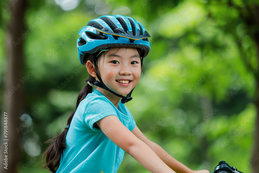 A smiling Chinese little girl in blue bicycle helmet riding a bike in summer park. A smiling Chinese little girl in blue bicycle helmet riding a bike in summer park.