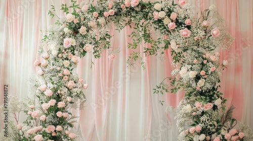 Beautiful Wedding Arch Decorated With Fresh Flowers Background, wedding reception with beautiful flowers, Wedding day, Flower arrangement in a wedding ceremony, close-up view 
