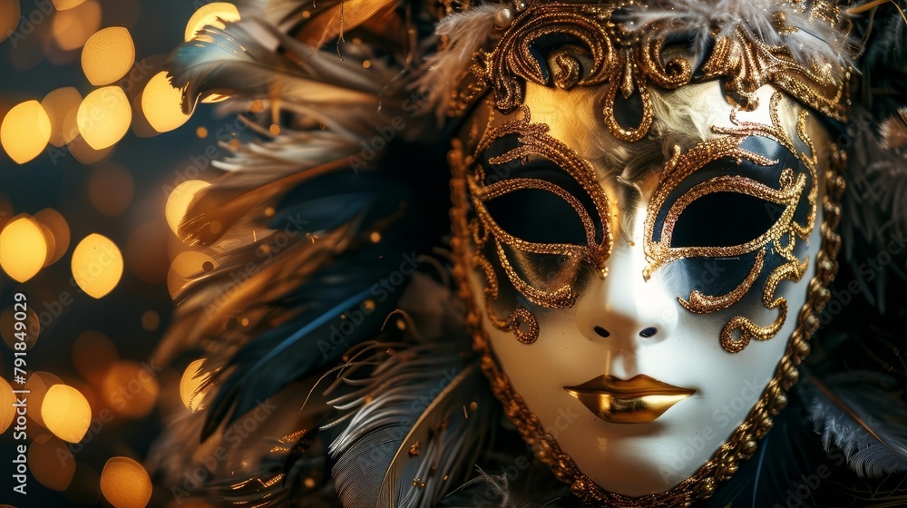 ornate venetian carnival mask with gold detailing and feathers on dark background masquerade party concept