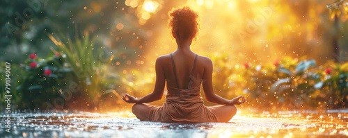 Banner, yoga, meditating woman sitting in lotus position. Zen, calm, peaceful atmosphere, sunlight.