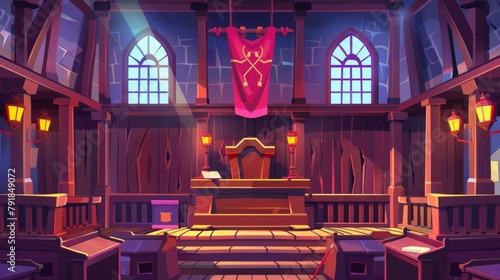 A cartoon courtroom interior modern set. Lawyer desk, gavel and red flag in a trial hall area. A courthouse office object set to use in games to create DIY law scenes.
