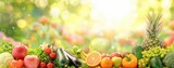 various colourful fruits and vegetable arranged neatly on the table with a blurred background of a sunlight