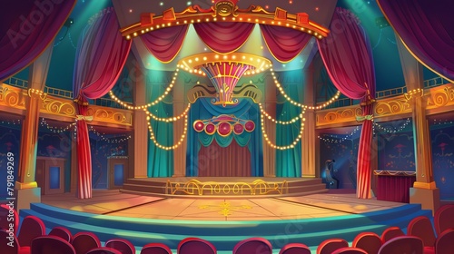 An amusement festival stage with bright illuminations, a red drapery curtain, and a sparkling golden podium for an entertaining show. Cartoon circus interior design.