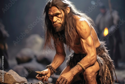 Neanderthal, primitive man, homo sapiens sits by a fire in a cave. Man learned to make fire.